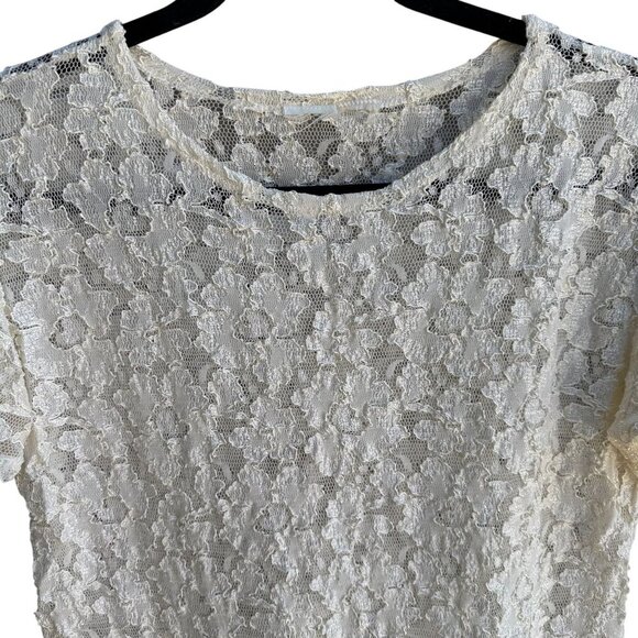 Vintage Y2K Womens Babydoll Ivory Stretch Lace Short Sleeve Semi Sheer Crop Top - Picture 6 of 7